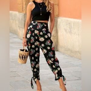 Zara Black Floral Tie Ankle Pants XS Extra Small NWT Front Pockets Side Zip